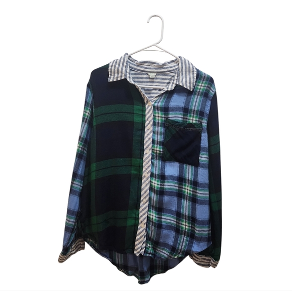 aerie Tops - AERIE Boyfriend Womens Flannel Blue Green Plaid Colorblock Long Sleeve Sz S